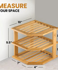 Total Kitchen Game Changer, Super Handy Bamboo Corner Shelf, 3 Tier Plate Rack, Easy Peasy cabinet organizer dimensions 10x9.5x7 inches.