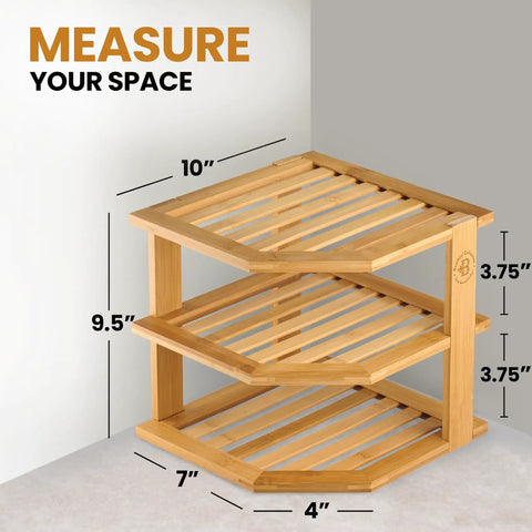 Total Kitchen Game Changer, Super Handy Bamboo Corner Shelf, 3 Tier Plate Rack, Easy Peasy cabinet organizer dimensions 10x9.5x7 inches.