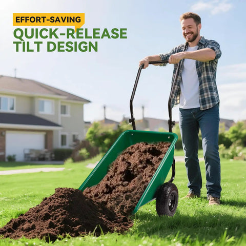 Man using Foldable Handle Two Wheel Garden Cart With Ten Inch Pneumatic Tires Heavy Duty Yard Wagon For Soil Mulch And Plants Easy Storage Quick Assembly High Stability On Any Terrain Green on lawn