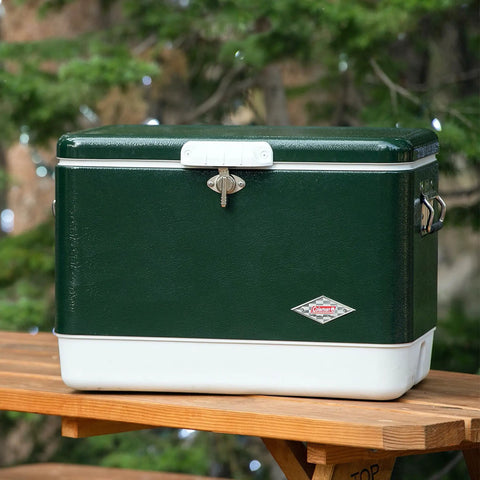 Vintage 54 Quart Steel Belted Cooler With Have A Seat Lid Ice Lasts Up To Four Days Fits 85 Cans Drain Rust Resistant Hardware