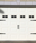White garage door with Steel Garage Door Decorative Hinges, Handles And Accents Hardware Kit with Screw Mount in Black Powder Coat.