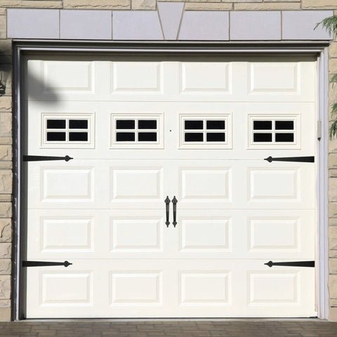 White garage door with Steel Garage Door Decorative Hinges, Handles And Accents Hardware Kit with Screw Mount in Black Powder Coat.