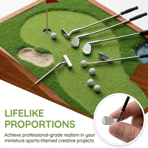 Alloy Mini Golf Club Set With Six Clubs And Four Balls For Dollhouse Dioramas And Display Scenes on miniature golf course