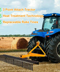 61 Inch Tow Behind Rock Rake For Lawn Tractor, Heavy Duty Tough As Nails 3 Point Dethatcher With 360 Degree Rotation, 32 Steel Tines attached to a tractor