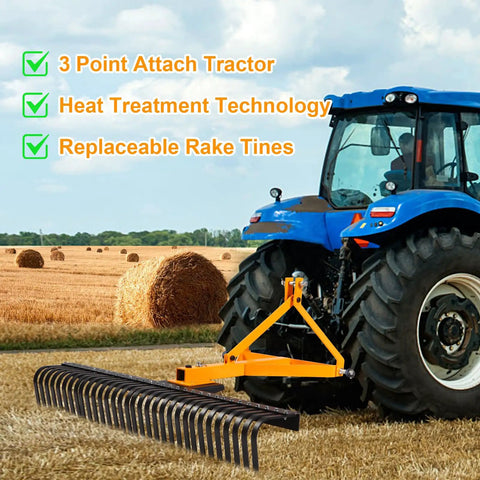 61 Inch Tow Behind Rock Rake For Lawn Tractor, Heavy Duty Tough As Nails 3 Point Dethatcher With 360 Degree Rotation, 32 Steel Tines attached to a tractor