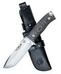 Survival Knife For Camping And Bushcraft With 14.5 cm Drop Point Blade In Stainless MOVA 1.4116 Black Micarta Handle Leather Sheath