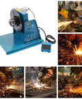 Compact Rotary Welding Positioner Turntable With Three Jaw Chuck, Zero To Ninety Degree Tilt, Grippy Benchtop Rotation Stand for precise welding tasks.
