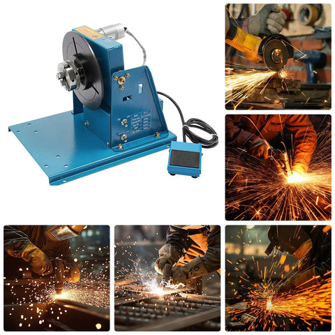 Compact Rotary Welding Positioner Turntable With Three Jaw Chuck, Zero To Ninety Degree Tilt, Grippy Benchtop Rotation Stand for precise welding tasks.