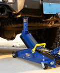 3 Ton Hydraulic Floor Jack With 6000 Lb Capacity lifting a truck, blue portable service jack, lift range from 5.8 to 21 inches
