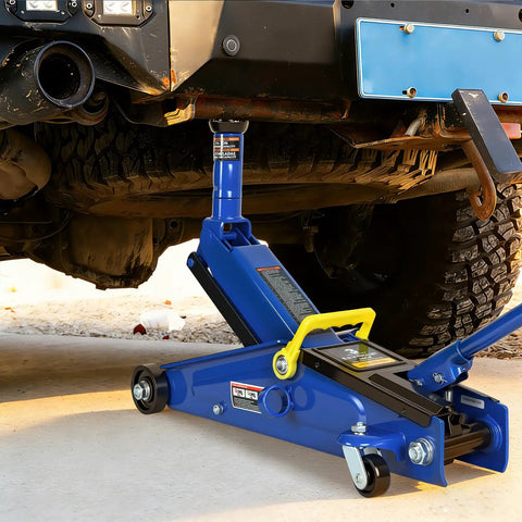 3 Ton Hydraulic Floor Jack With 6000 Lb Capacity lifting a truck, blue portable service jack, lift range from 5.8 to 21 inches
