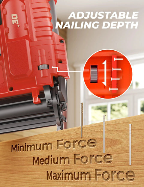 Built Tough 18 Gauge Cordless Brad Nailer And 2 In 1 Electric Stapler For Milwaukee 18V Batteries adjustable depth feature on wood