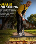 Heavy Duty 24.8 Inch Wide Push Broom With Dual Density Bristles Designed To Crush Gravel And Leaves On Driveways making outdoor cleanup easy.