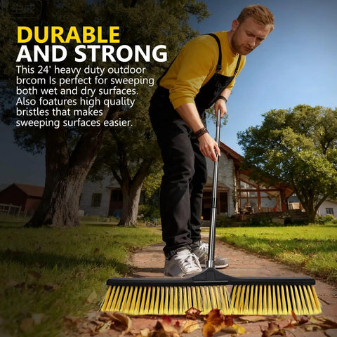 Heavy Duty 24.8 Inch Wide Push Broom With Dual Density Bristles Designed To Crush Gravel And Leaves On Driveways making outdoor cleanup easy.