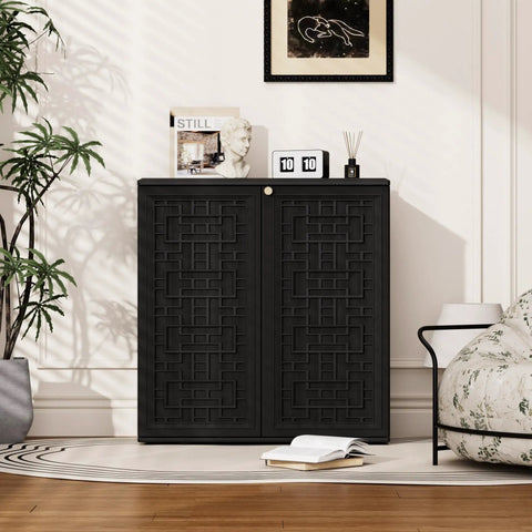 Outdoor Storage Cabinet With Shelf Waterproof Resin Shed For Patio And Garden, 60 Gallon Capacity, black in living room setting