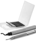 Badass Deburring Tool With Ten Spare Blades And Sharp Scribe stored in zippered case; includes etch pen and ten carbide blades.
