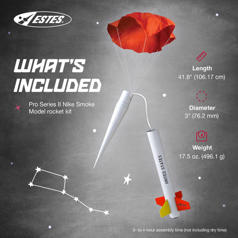 Nike Smoke Pro Series II STEM Rocket Kit with parachute, 41.8” length, 3” diameter, labeled "What's Included" text and stars background.