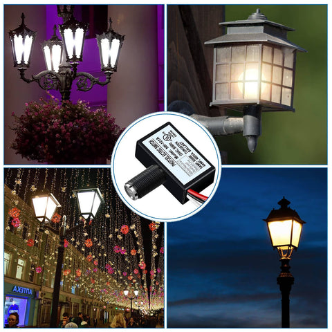 4 Pack 120V AC Photoelectric Switch Light Sensor with outdoor lighting examples showing dusk-to-dawn operation and energy saving