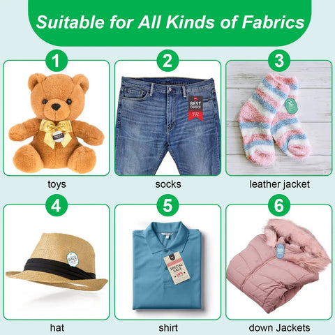 Image showing Bulk 5000 Pcs 2 Inch Tag Gun Fasteners Refills for Retail Tags Universal Fit with various clothing items tagged.