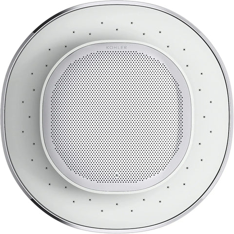 Top view of the Moxie Alexa Enabled Showerhead With Dope Bluetooth Speaker And Radio Waterproof IPX7 Rated Shower Speaker in chrome.