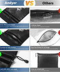 Comparison chart showing UL Certified Two Pocket Fireproof Document Bag With 2000F Heat Resistance, Waterproof Money Bag With Zipper features.