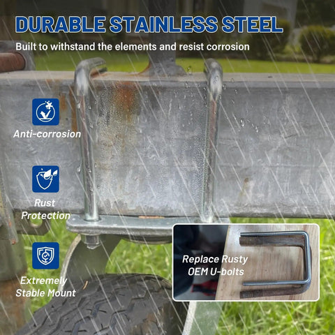 Beefy Heavy Duty Square U Bolts Kit With Frame Plates And Nuts Three Eighths Inch Diameter by Three Inch Wide by Seven Inch Long Stainless Steel U Clamp Bolts for Cars and Boats installed on metal structure