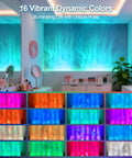 Smart RGBW Wave Wall Light With Water Ripple Projector displaying 16 vibrant colors in a living room with decorative shelves.