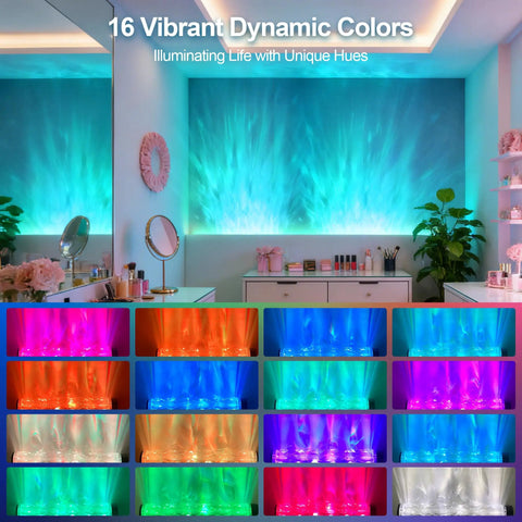 Smart RGBW Wave Wall Light With Water Ripple Projector displaying 16 vibrant colors in a living room with decorative shelves.