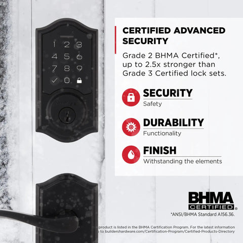 No Sweat Keyless Entry Touchpad Electronic Deadbolt Door Lock With Rock Solid Grade 2 Certified Security And Slick Capetown Finish close-up view.