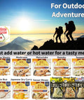 Instant Mountain Veggie Sansai Okowa Rice Meal Grab And Go For Camping with various flavors in packaging, mountains background.