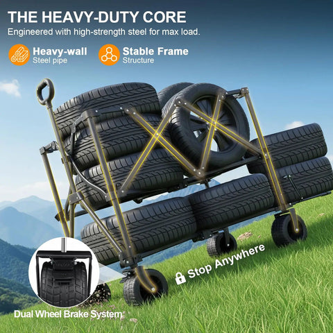 Heavy Duty Double Decker Wagon Collapsible Cart With 600 Lbs Load and 400 L Capacity Foldable Utility Cart on grass