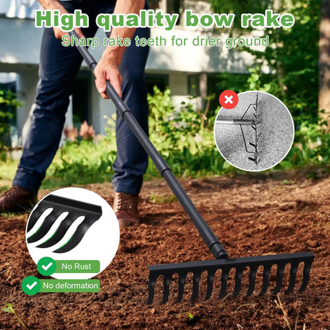 Heavy Duty Bow Rake With 60 Inch Adjustable Stainless Steel Handle in use on soil