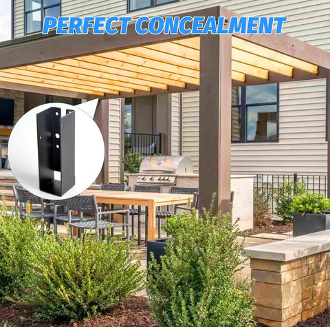 Hassle Free 8 Pack 2X6 Concealed Joist Hangers With Matching Nails Galvanized Steel Hidden Beam Brackets For Decks Pergolas Outdoor Stairs Easy Install Rust Proof Heavy Duty Deck Framing Kit shown in a pergola with wooden beams.
