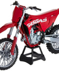 GasGas MC 450F One Twelfth Scale Diecast Motorcycle Model In Red Real Rubber Tires Wheels Roll And Steer on stand