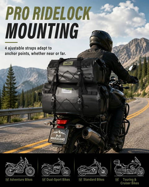 Waterproof Motorcycle Dry Bag 60L with Roll Top Closure Tail Saddle Luggage on bike, highlighting quick release straps