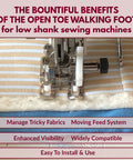 Madam Sew Open-Toe Walking Foot installed on a low-shank sewing machine with striped fabric.