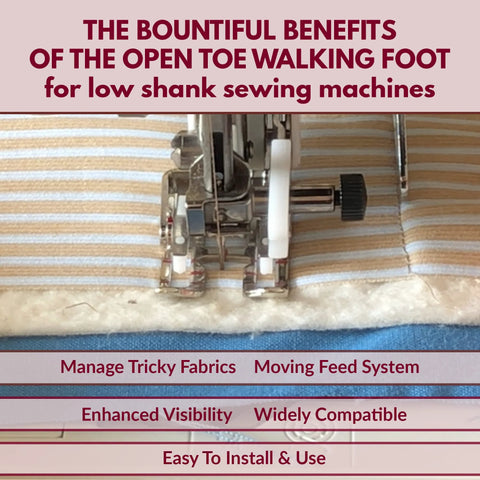 Madam Sew Open-Toe Walking Foot installed on a low-shank sewing machine with striped fabric.