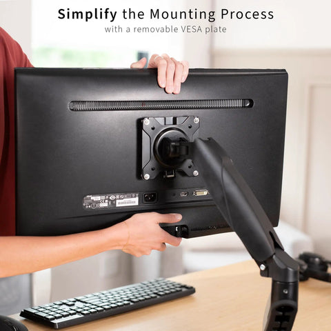 Hassle Free Quick Release VESA Mount Adapter Bracket Kit With Removable Plate For LCD Monitors And TV Screens being attached to a monitor.