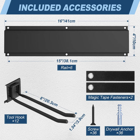Heavy Duty Garage Wall Organizer System With Six Rails And Twelve Adjustable Hooks, 96 Inch, 20 Pack Tool Storage Rack Holds Up To 720 Lbs accessories layout including rails, hooks, screws, and anchors