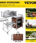 Aluminum Portable Folding Camp Kitchen Table With Windscreen Cupboard And Storage Organizer Carrying Bag shown with dimensions