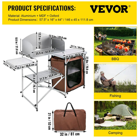 Aluminum Portable Folding Camp Kitchen Table With Windscreen Cupboard And Storage Organizer Carrying Bag shown with dimensions