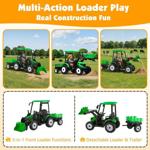 Killer 24V Kids Tractor Ride On With Easy Grip Remote Control And Detachable Trailer Heavy Duty Metal Frame Construction Toy Packed With Dual Motors Front Loader Scoop And Comfort Cushion Seats For Big Kids