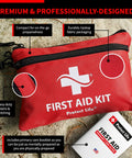 Protect Life red first aid kit pouch with zipper; compact travel kit plus care booklet (two items shown).