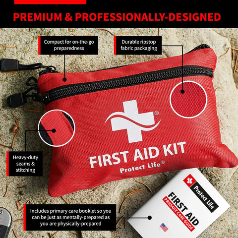Protect Life red first aid kit pouch with zipper; compact travel kit plus care booklet (two items shown).