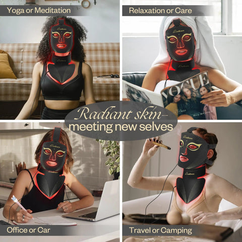 Anti Aging Red Light Therapy Mask For Face And Neck With 850Nm Near Infrared Plus 630Nm Red Led Diodes used during meditation and in various locations.