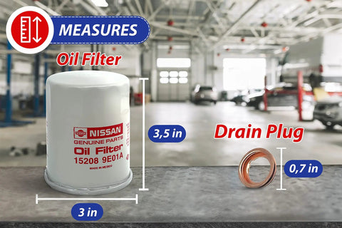 Three Pack Genuine OEM Engine Oil Filter 15208-9E01A With Drain Plug 11026-JA00A for Nissan Infiniti; dimensions labeled.