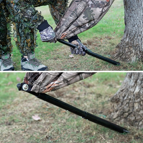 Setting up Camo Tree Hammock Chair Portable Hunting Stool For Outdoors lightweight camping seat attached to a tree for stability.