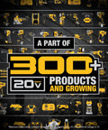 Collage showcasing "300+ 20V Max Products and Growing" with various tools in the background on a black and yellow theme.