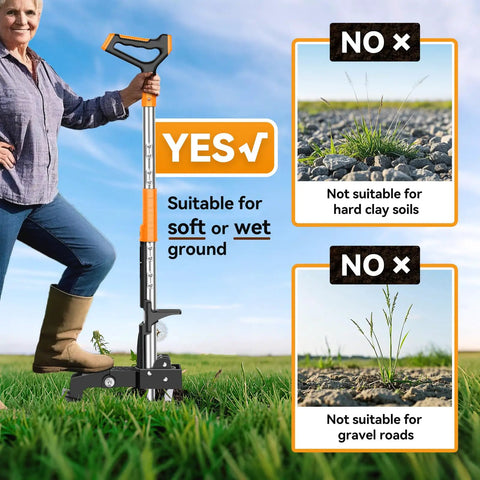 Person using Stand Up Weed Puller With Long Handle And 3 Claw Steel Head For No Bending Kneeling Free Weeding In Lawns And Gardens