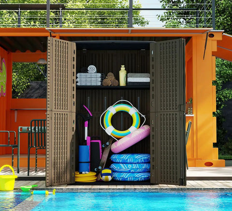 All Weather Outdoor Storage Cabinet For Backyards And Patios, Multi Purpose Horizontal Shed by a pool with floats and towels inside