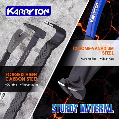 Close-up of heavy-duty pry bar set with ergonomic grip and CR-V steel for durability and strength.